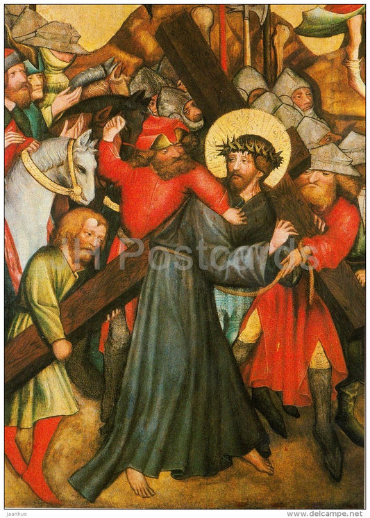 illustration by Master of the Rajhrad Altarpiece - Bearing of the Cross - Czech art - large format card - Czech - unused - JH Postcards