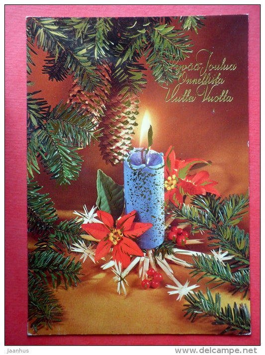 Christmas Greeting Card - candle - cones - flowers - Finland - sent from Finland to Estonia USSR - JH Postcards