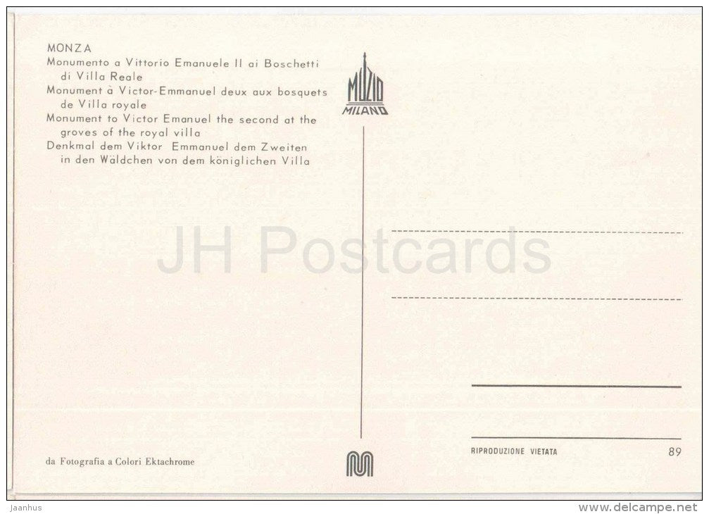 Monumento a Vittorio Emanuele II ai Boschetti di Villa Reale -  Monza - Lombardia - 89 - Italia - Italy - unused - JH Postcards