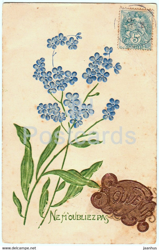 blue flowers - Souvenir - Ne m'oubliez pas - illustration - old postcard - France - used - JH Postcards