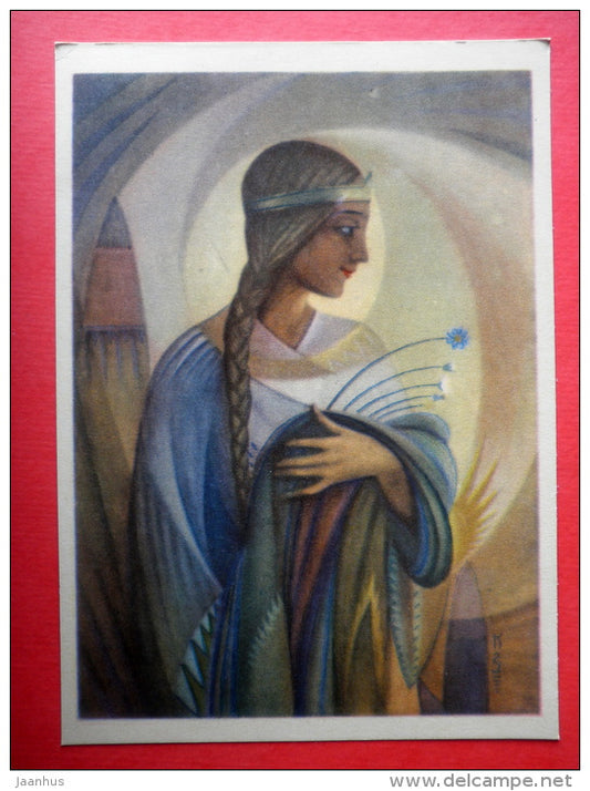 painting by Kazys Simonis - Girl with Flowers . 1930 - lithuanian art - unused - JH Postcards