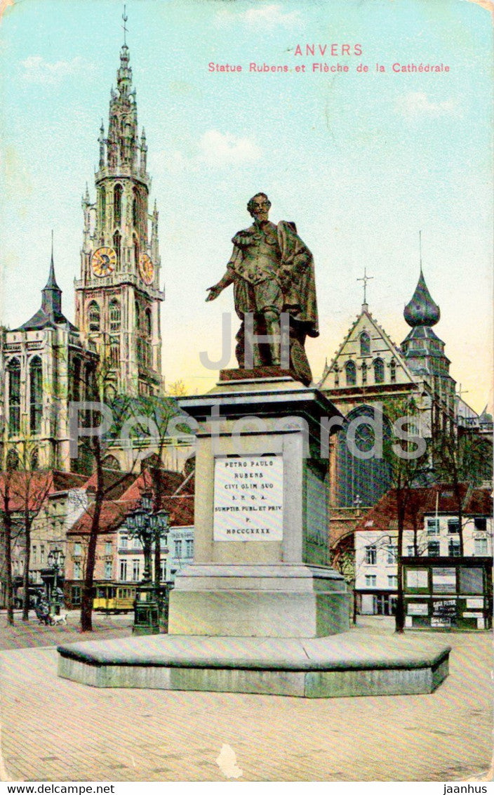 Anvers - Antwerpen - Statue Rubens et Fleche de la Cathedrale - monument - old postcard - 1908 - Belgium - used - JH Postcards