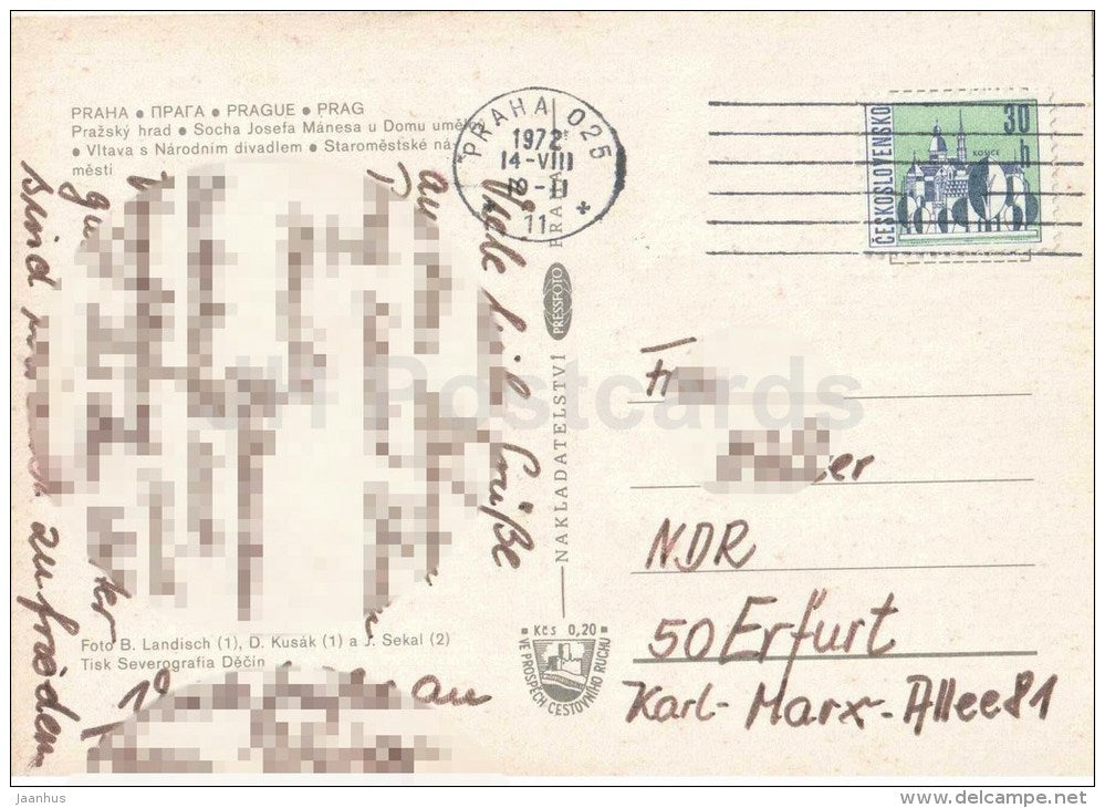 Praha - Prague - Prague castle - statue of Josef Manes - Vltava and National Theatre  Czechoslovakia - Czech - used 1972 - JH Postcards