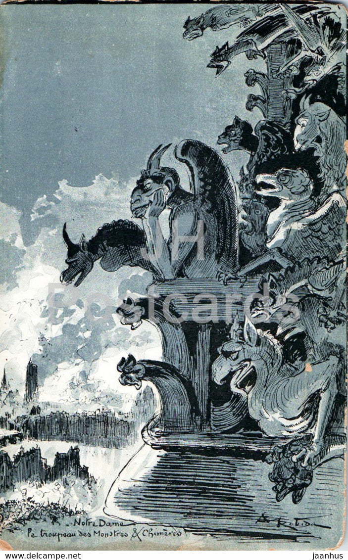 Paris - Notre Dame - Le Tropeau des Monstres - illustration - American Red Cross - old postcard - France - unused - JH Postcards