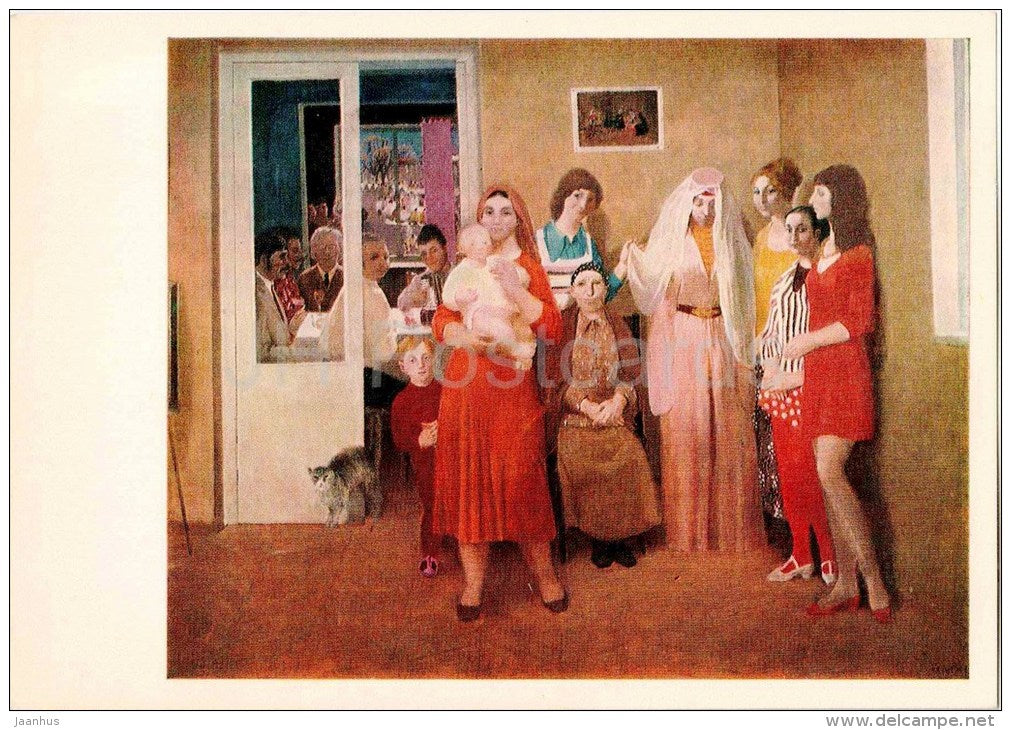 painting by Sh. Bedoyev - Wedding melody , 1977 - guests - cat - baby - russian art - unused - JH Postcards
