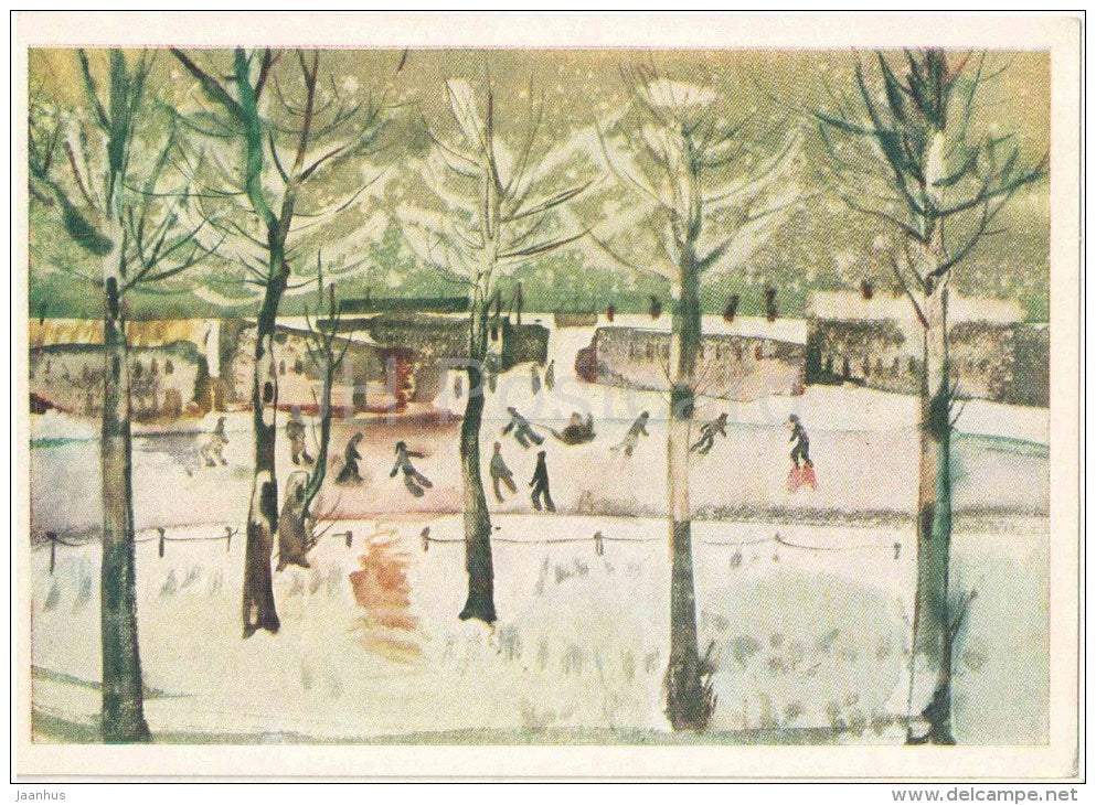 painting by I. Zarins - Winter , 1961 - ice rink - skating - latvian art - unused - JH Postcards