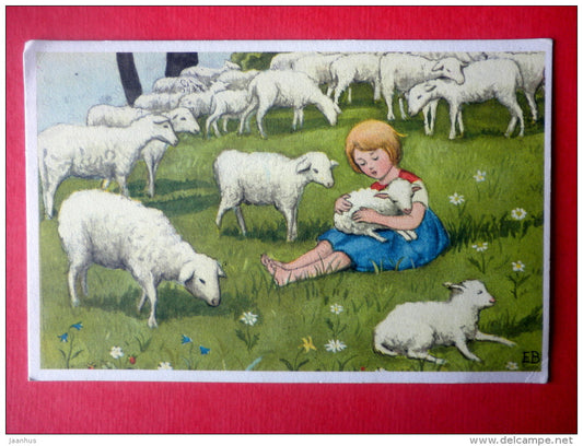 illustration by Elsa Beskow - girl - sheep - lamb - Nr 17 -  Sweden - sent from Finland Helsinki to Estonia USSR 1986 - JH Postcards