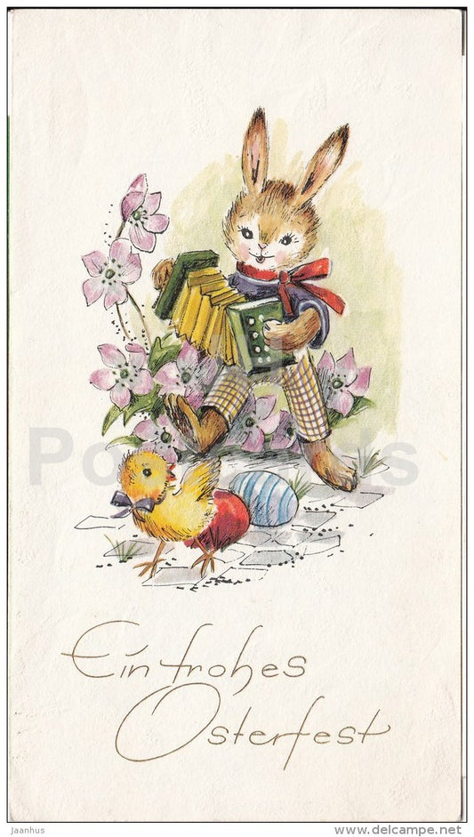 Easter Greeting Card - Ein Frohes Osterfest - hare - chicken - accordion - 1980s - Germany - used - JH Postcards