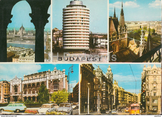 Budapest - cars - tram - parliament - architecture - multiview - 1970 - Hungary - used - JH Postcards