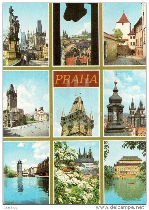 Charles Bridge - Town Hall square - castle - National Theatre - Praha - Prague - Czechoslovakia - Czech - used 1977 - JH Postcards