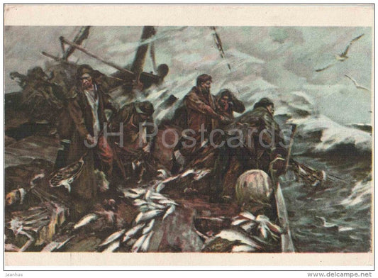 painting by V. Grigoryev - 1 - Murmansk fishermen - storm - boat - russian art - unused - JH Postcards