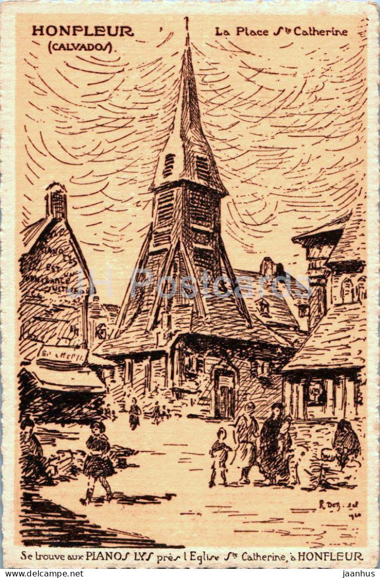 Honfleur - La Place Ste Catherine - Piano Lys - Eglise - pianos - church - illustration - old postcard - France - unused - JH Postcards