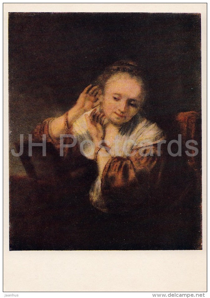 painting by Rembrandt - Young girl trying on earrings - Dutch art - 1955 - Russia USSR - unused - JH Postcards
