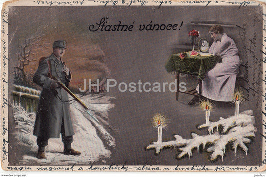 Christmas Greeting Card - Stastne vanoce - soldier - military - old postcard - 1917 - Czech Republic - used - JH Postcards