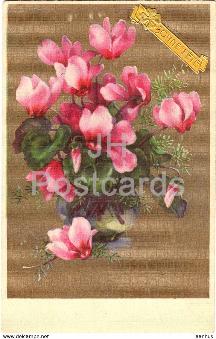Birthday Greeting Card - Bonne Fete - red flowers - illustration - 381 - old postcard - France - used - JH Postcards