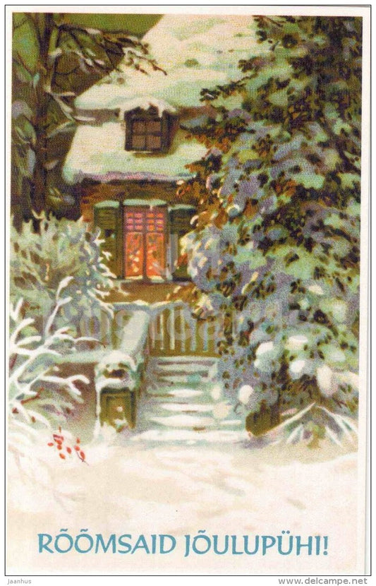 Christmas Greeting Card - house stairs - old postcard reproduction - Estonia - unused - JH Postcards
