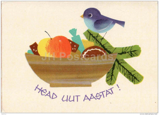 New Year greeting card by L. Härm - bird - apples - 1967 - Estonia USSR - used - JH Postcards