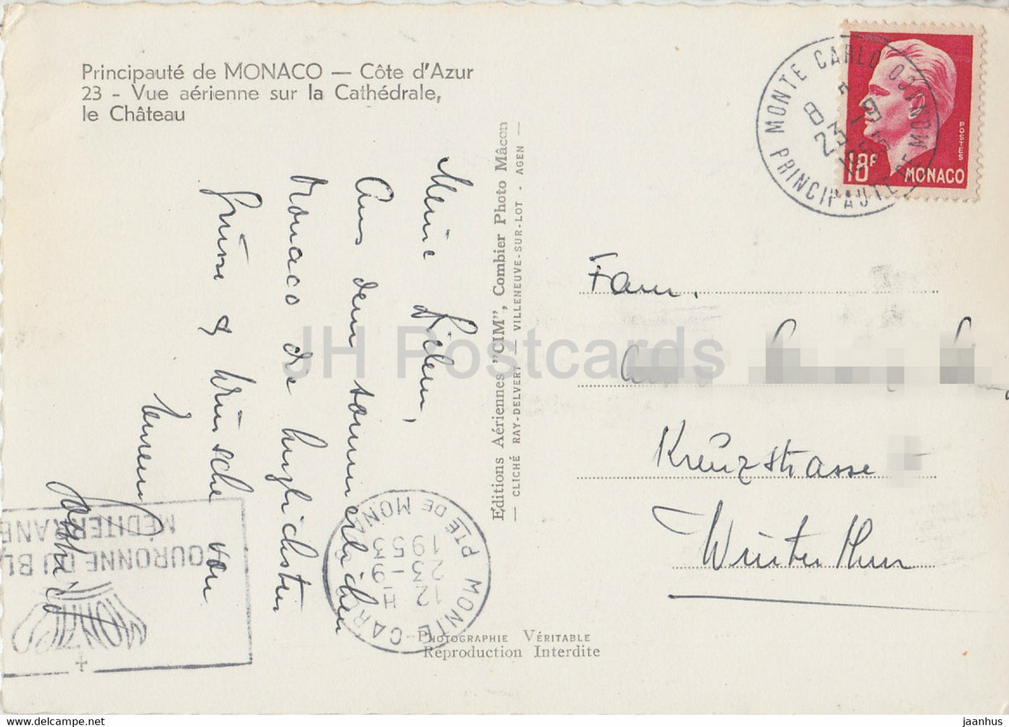 Vue aérienne sur la Cathédrale - Le Chateau - cathédrale - château - carte postale ancienne - 1953 - Monaco - occasion