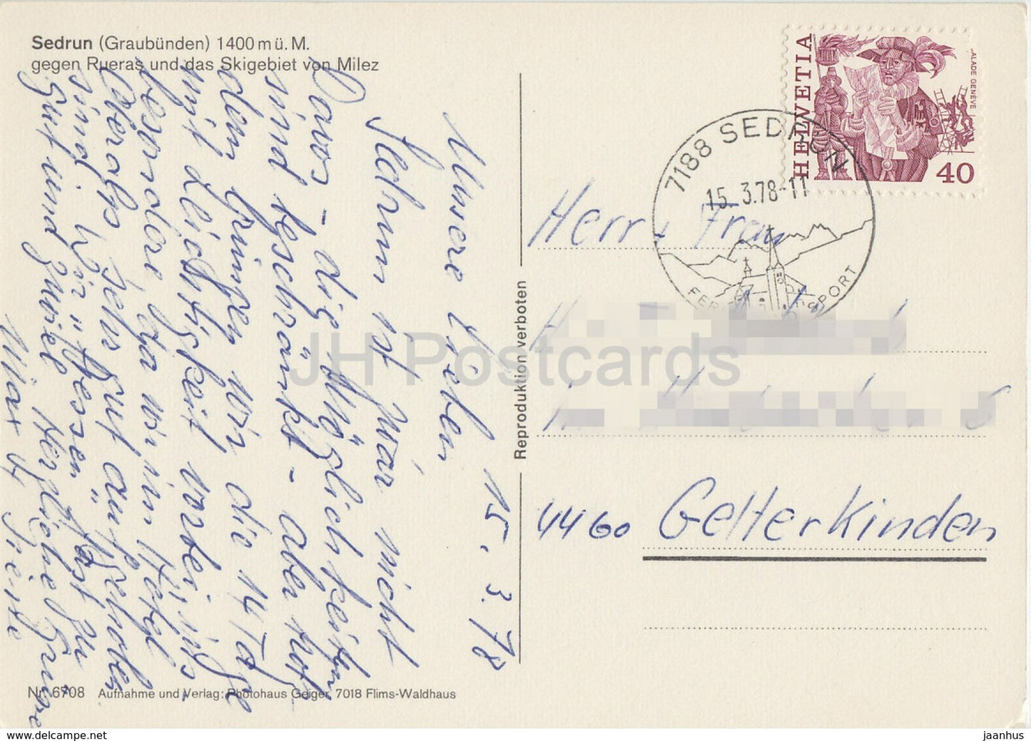 Sedrun 1400m - gegen Rueras  und das Skiegebiet von Milez - train - 6708 - 1978 - Switzerland - unused