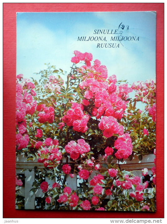 Greeting Card - roses - flowers - literature - coat of arms - 52/2/4 - Finland - sent from Finland to USSR Estonia 1985 - JH Postcards