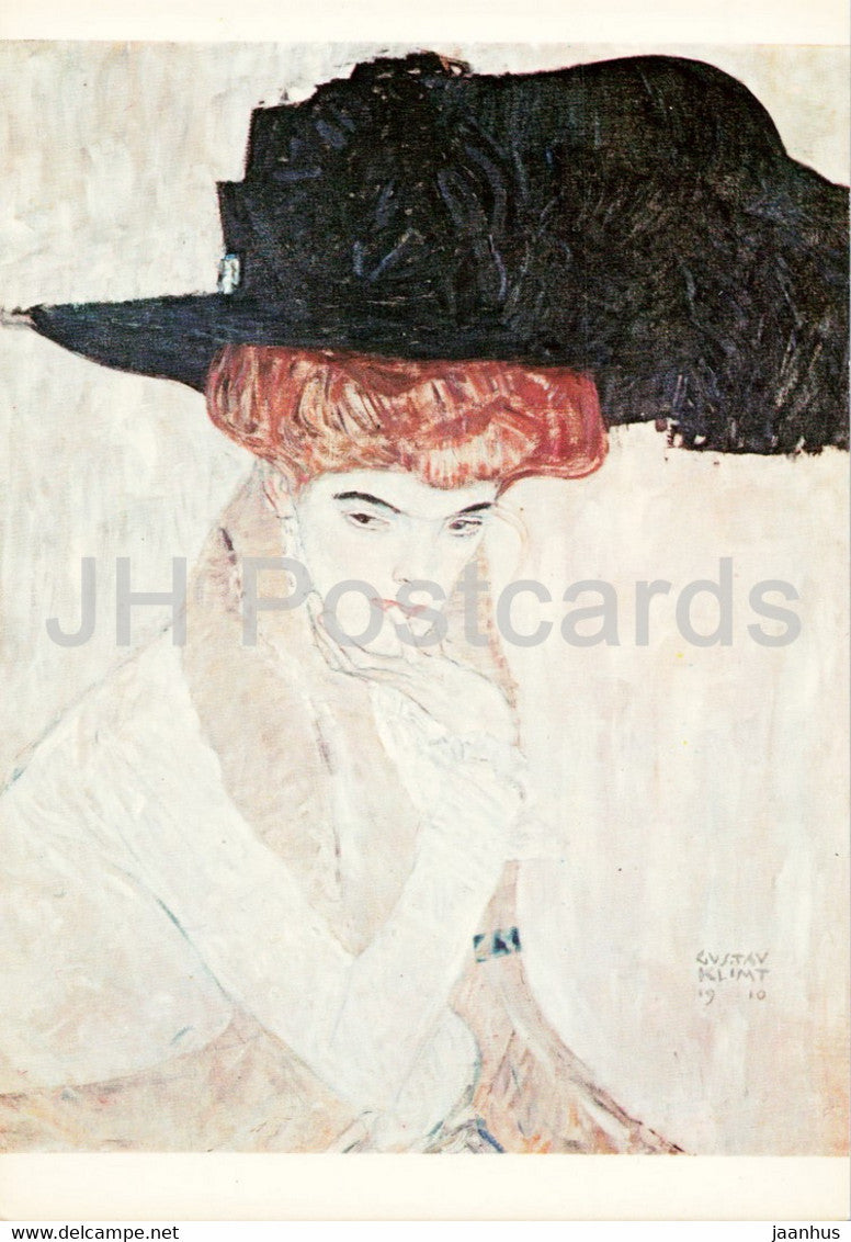 painting by Gustav Klimt - Dame mit schwarzem Federhut - Woman in Black Hat - Austrian art - Austria - unused - JH Postcards