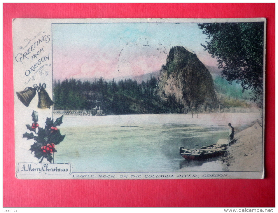 christmas greeting card - greetings from Oregon USA - Castle Rock - boat - circulated in Estonia Tallinn Tõrva 1922 - JH Postcards