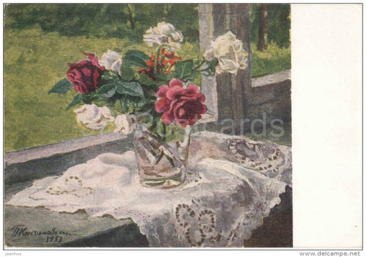 painting by P. Konchalovsky - Roses by the Window - russian art  - unused - JH Postcards