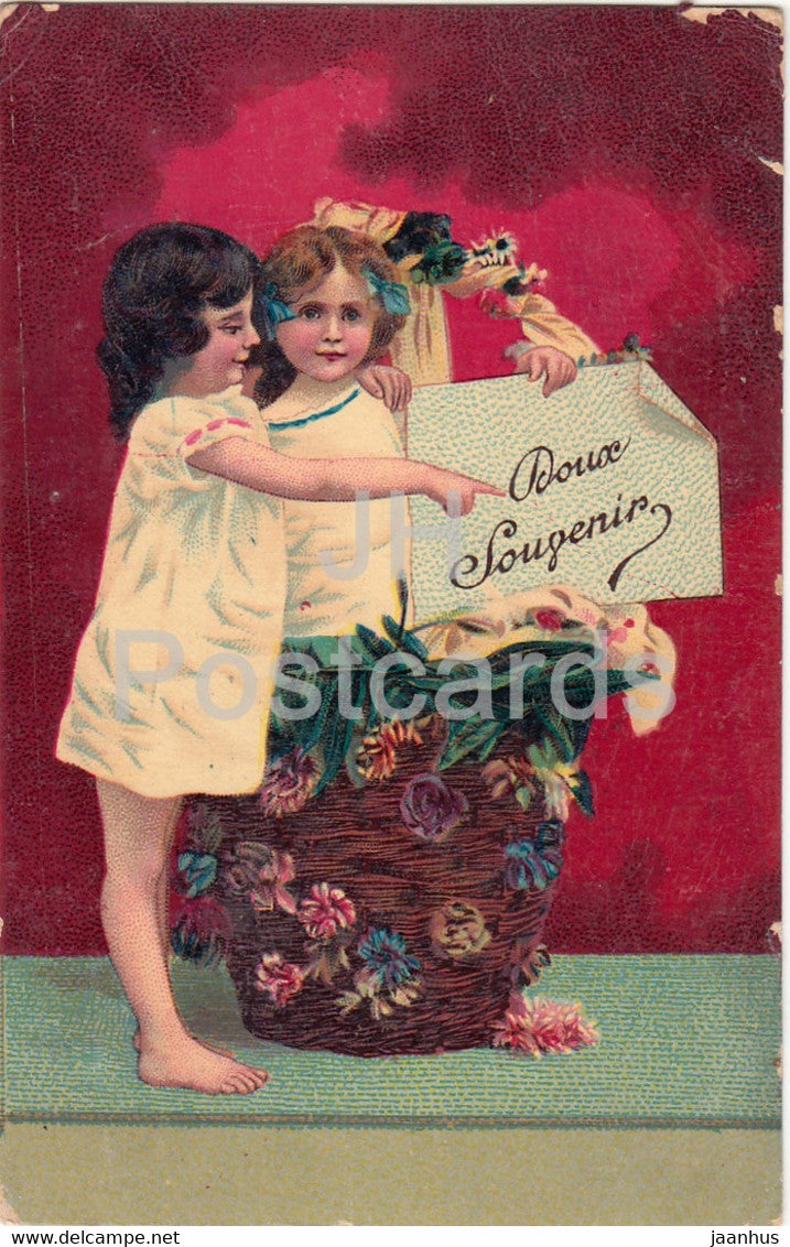 Doux Souvenir - girl - children - illustration - J C Paris - old postcard - France - used - JH Postcards
