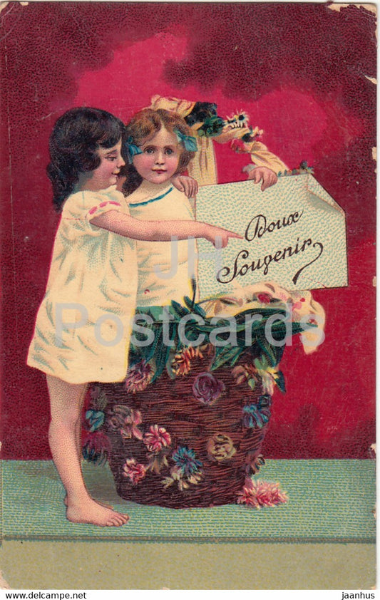 Doux Souvenir - girl - children - illustration - J C Paris - old postcard - France - used - JH Postcards