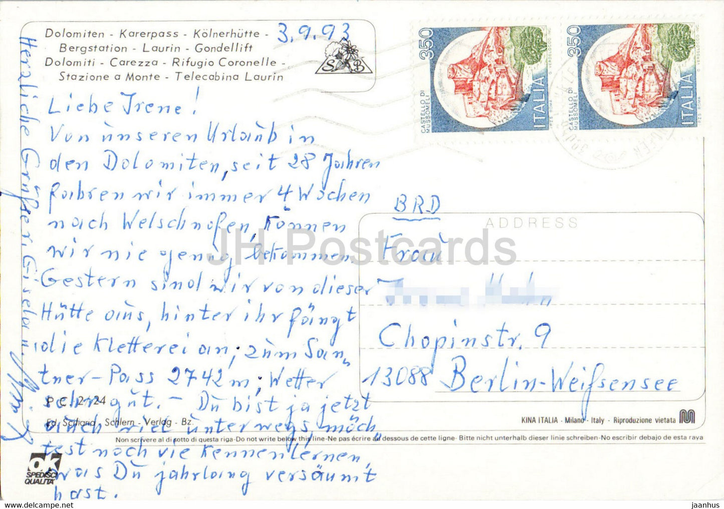 Dolomiten - Karerpass - Kölnerhütte - Bergstation - Gondellift - Carezza - Rifugio Coronelle - 1993 - Italien - gebraucht