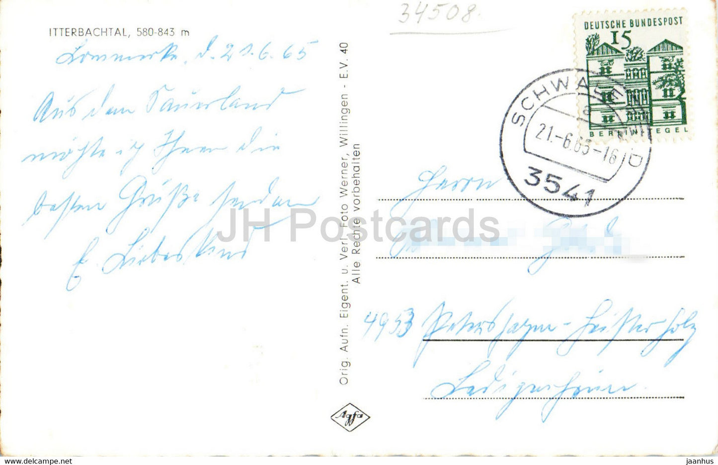 Itterbachtal 580.843 m - alte Postkarte - 1965 - Deutschland - gebraucht