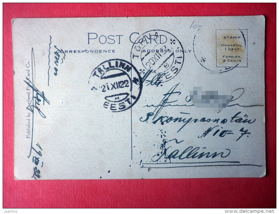 christmas greeting card - greetings from Oregon USA - Castle Rock - boat - circulated in Estonia Tallinn Tõrva 1922 - JH Postcards