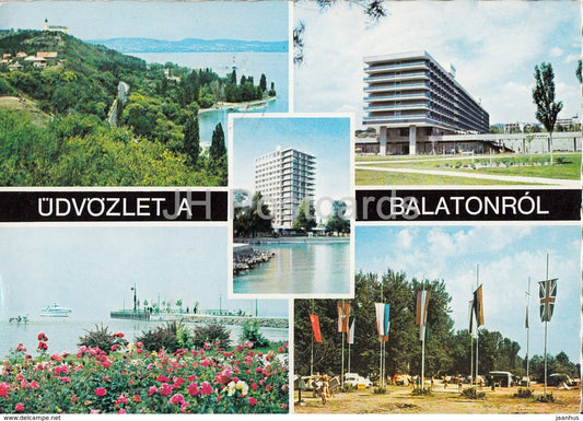 Greetings from lake Balaton - 1 - hotel - camping - multiview - 1976 - Hungary - used - JH Postcards