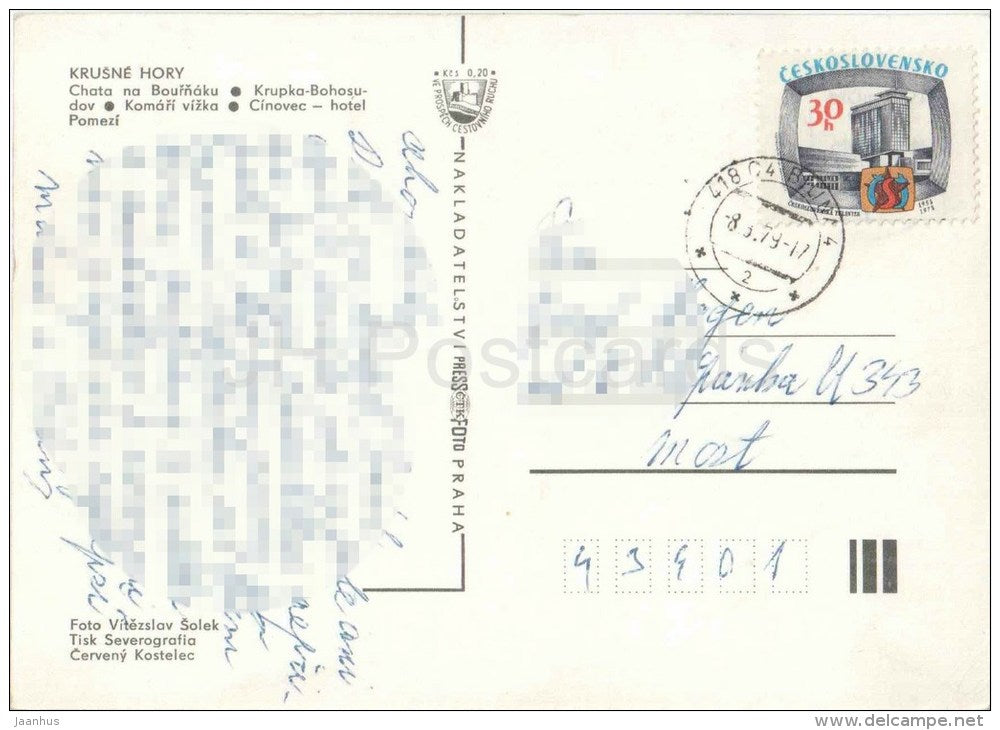 Krušné hory - cabin Bournak - hotel - winter - Czechoslovakia - Czech - used in 1979 - JH Postcards