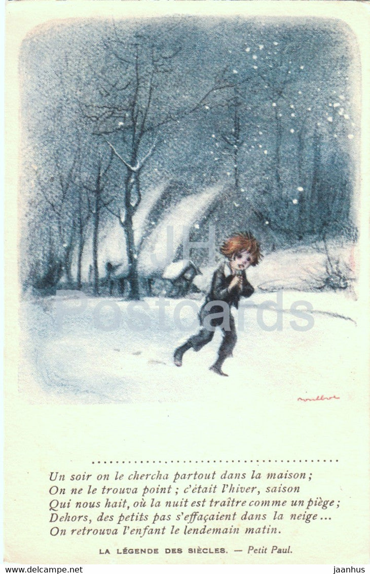 La Legende des Siecles - Petit Paul - boy in winter - illustration - old postcard - France - unused - JH Postcards