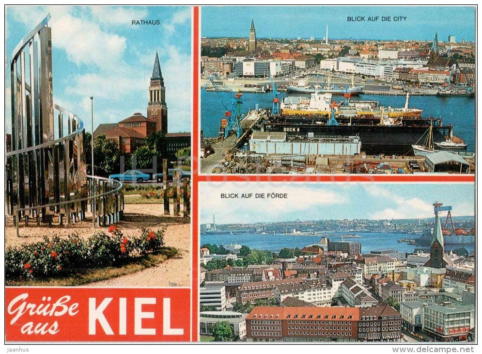 Grüsse aus Kiel - Rathaus - Blick auf die City - Blick auf die Förde - EUROPA CEPT - 2300 - Germany - 1986 gelaufen - JH Postcards