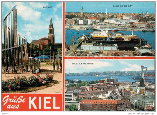 Grüsse aus Kiel - Rathaus - Blick auf die City - Blick auf die Förde - EUROPA CEPT - 2300 - Germany - 1986 gelaufen - JH Postcards