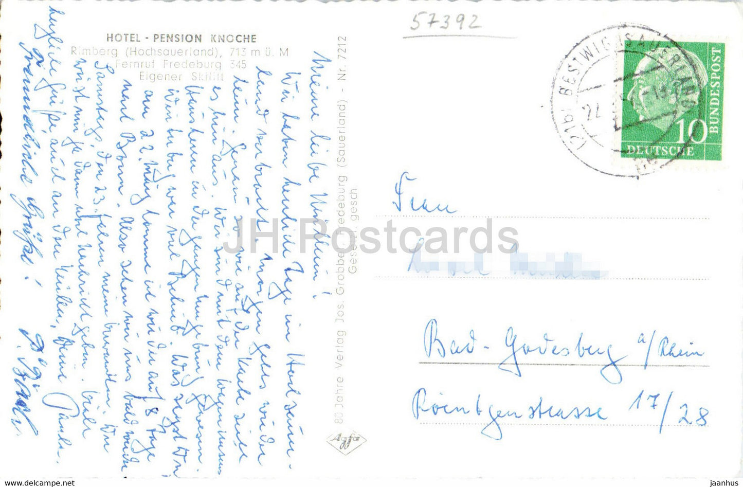 Hotel Pension Knoche - Rimberg - Fredeburg - skiing - old postcard - 1950s - Germany - used