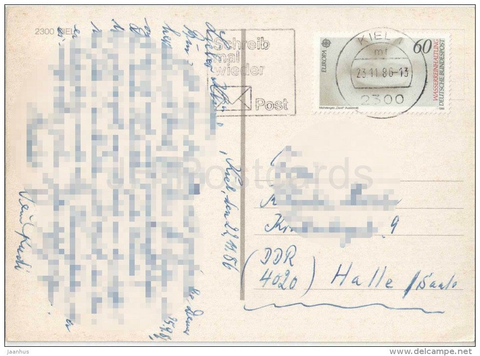 Grüsse aus Kiel - Rathaus - Blick auf die City - Blick auf die Förde - EUROPA CEPT - 2300 - Germany - 1986 gelaufen - JH Postcards