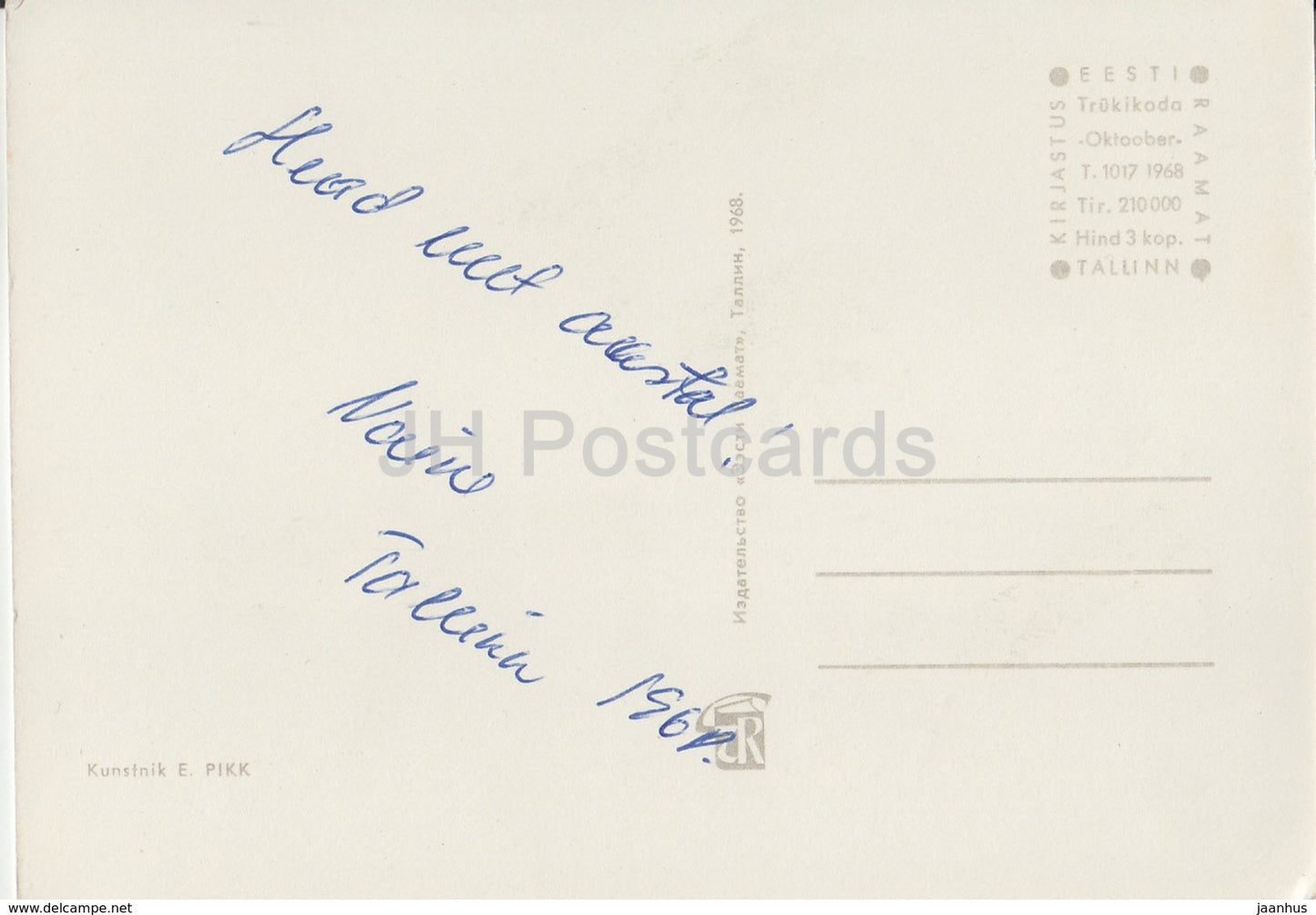 Carte de vœux du Nouvel An par E. Pikk - Bonhomme de neige - Oiseau - 1968 - Estonie URSS - utilisé