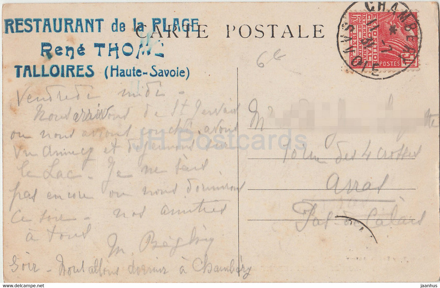 Talloires - Restaurant de la Plage - Telefon 15 - Vue de la Terrasse - alte Postkarte - 1931 - Frankreich - gebraucht