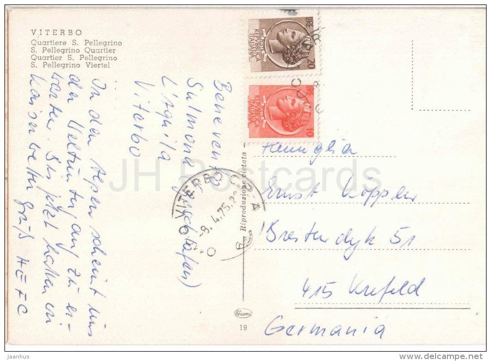 Quartiere S. Pellegrino - quartier - Viterbo - Lazio - 19 - Italia - Italy - sent from Italy to Germany 1975 - JH Postcards