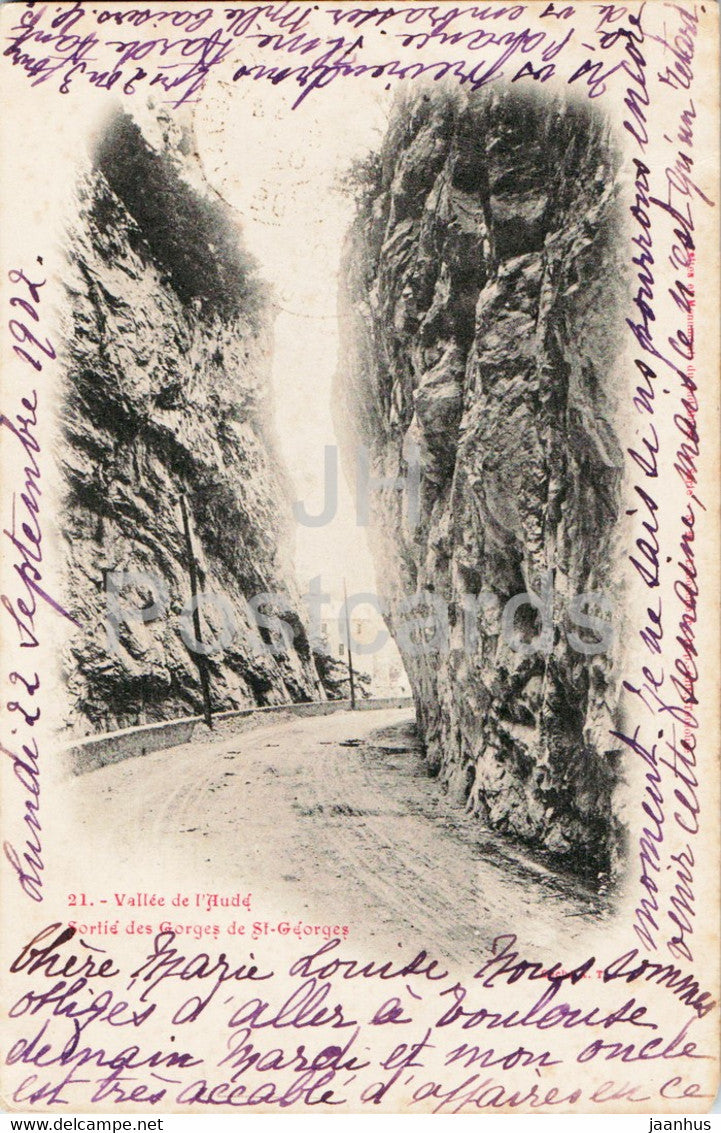 Vallee de l'Aude - Sortie des Gorges de St Georges - 21 - old postcard - 1902 - France - used - JH Postcards