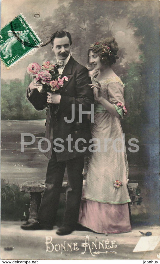 New Year Greeting Card - Bonne Annee - couple - woman and man - old postcard - France - used - JH Postcards