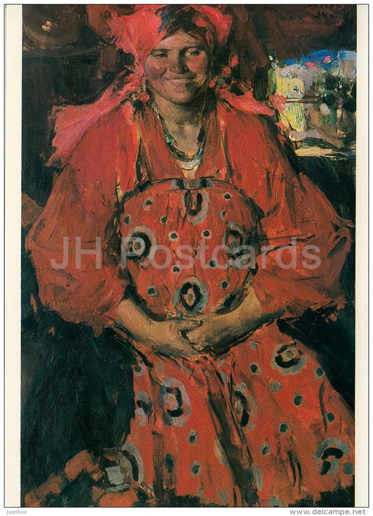 painting by A. Arkhipov - Smiling Woman in Red , 1924 - Russian art - large format card - Czechoslovakia - unused - JH Postcards