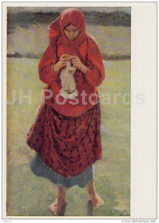 Painting by. F. Malyavin - Peasant girl with a stockin , 1895 - Russian art - 1965 - Russia USSR - unused - JH Postcards