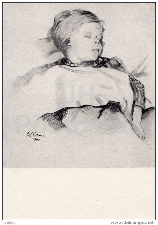 painting by E. Einmann - 1 - Sweet dreams - sleeping child - Estonian art - Russia USSR - 1957 - unused - JH Postcards