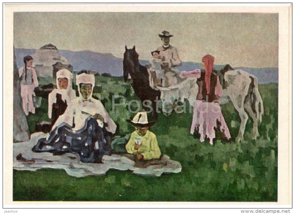painting by Sabur Mambeyev - Near yurt - horses - famiy - kazakhstan art - unused - JH Postcards