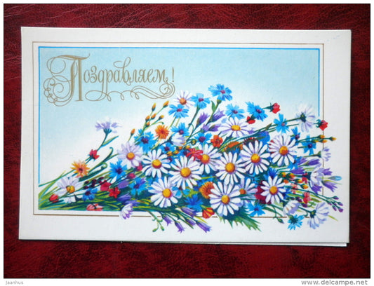 Birthday Greeting Card - daisies - cornflower - flowers - 1986 - Russia - USSR - unused - JH Postcards