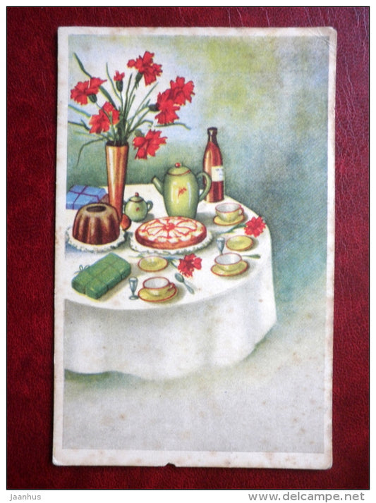 Birthday Greeting Card - party - cakes - tea can - flowers - MH - circulated in 1940 - Estonia - used - JH Postcards
